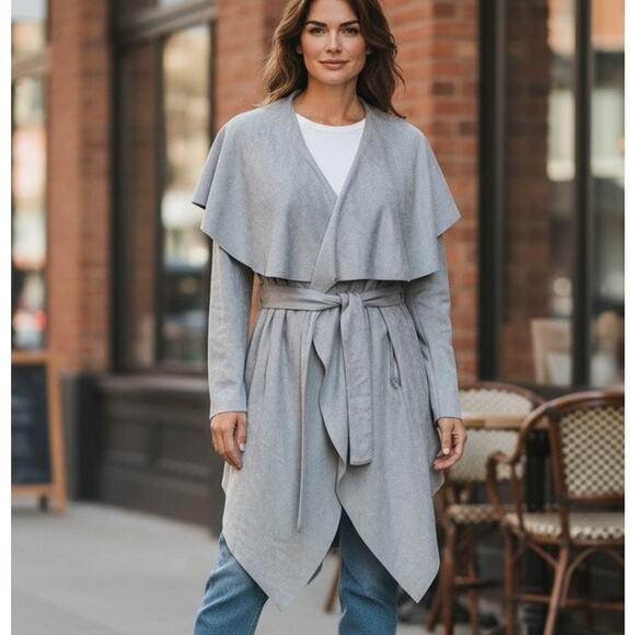 C. Luce Faux Suede Jacket Coat LG Gray Slouchy Shawl Collar Drapery Uneven Hem - Picture 13 of 13